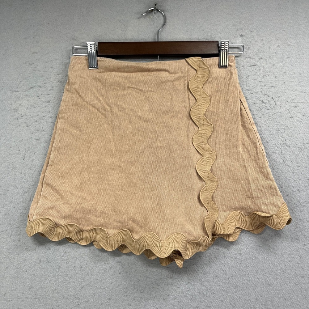 VICI Skort Women XS Tan Scalloped Trim High Waist Twill Mini Shorts Skirt Boho